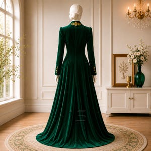 Women's Victorian Coat Dress, Gothic Aristocrat Costume, Emerald Green Velvet with Gold Embroidery for Cosplay & Historical Events