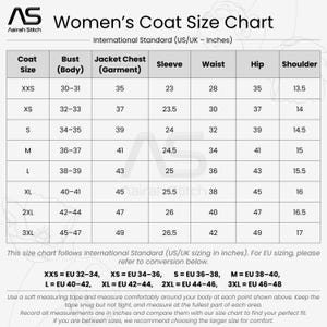 May include: A black and white size chart for coats by Aairah Stitch. The table lists measurements in inches for sizes XXS to 3XL, including bust, jacket chest, sleeve, waist, hip, and shoulder. It also provides EU size conversion details.