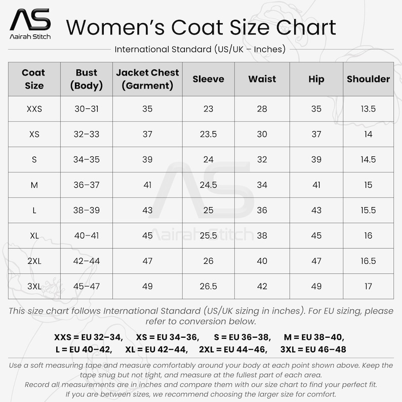 May include: A black and white size chart for coats by Aairah Stitch. The table lists measurements in inches for sizes XXS to 3XL, including bust, jacket chest, sleeve, waist, hip, and shoulder. It also provides EU size conversion details.