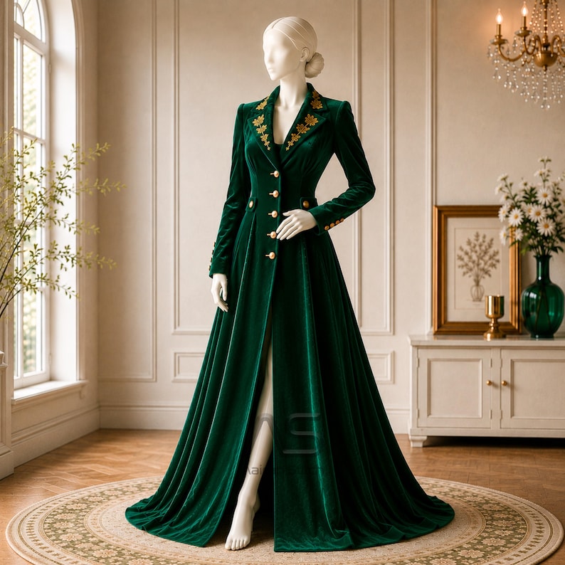 Women's Victorian Coat Dress, Gothic Aristocrat Costume, Emerald Green Velvet with Gold Embroidery for Cosplay & Historical Events