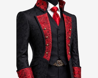 Men’s Gothic Victorian Jacquard Brocade Coat, Dracula Vampire Cosplay Tailcoat, Gothic Wedding Coat, Halloween Costume Jacket
