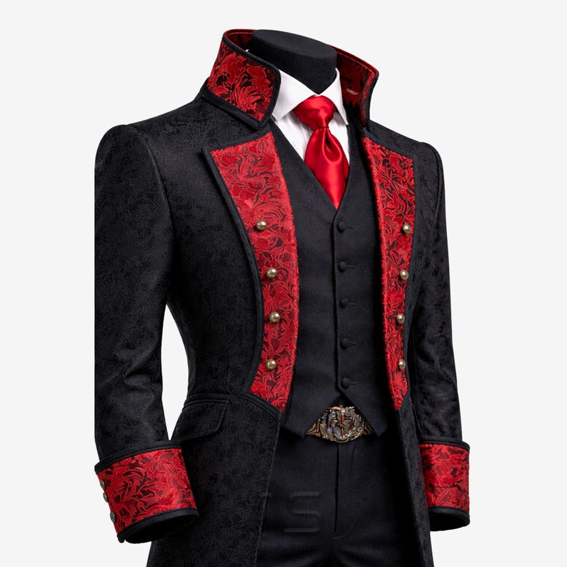 Men’s Gothic Victorian Jacquard Brocade Coat, Dracula Vampire Cosplay Tailcoat, Gothic Wedding Coat, Halloween Costume Jacket