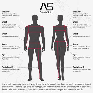 May include: A sizing guide infographic featuring two black silhouettes with red lines indicating measurement points for shoulder, chest, waist, sleeve, hips, and pants length. The Aairah Stitch logo is at the top with instructional text below.