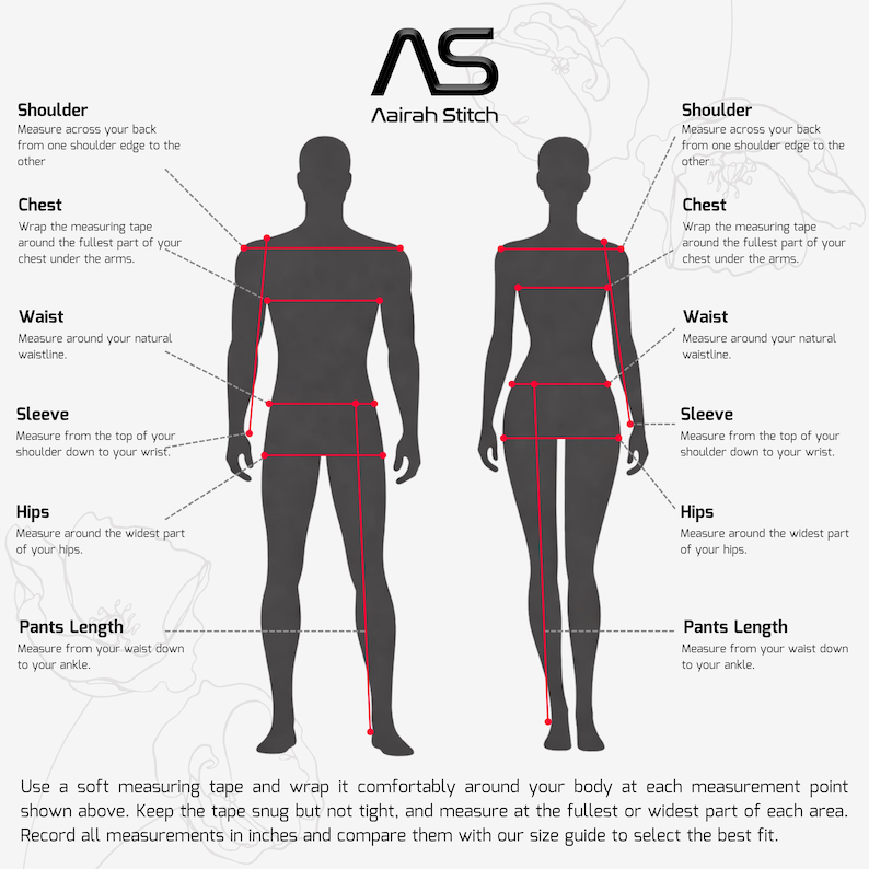 May include: A sizing guide infographic featuring two black silhouettes with red lines indicating measurement points for shoulder, chest, waist, sleeve, hips, and pants length. The Aairah Stitch logo is at the top with instructional text below.