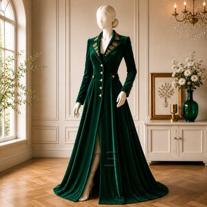 Women's Victorian Coat Dress, Gothic Aristocrat Costume, Emerald Green Velvet with Gold Embroidery for Cosplay & Historical Events