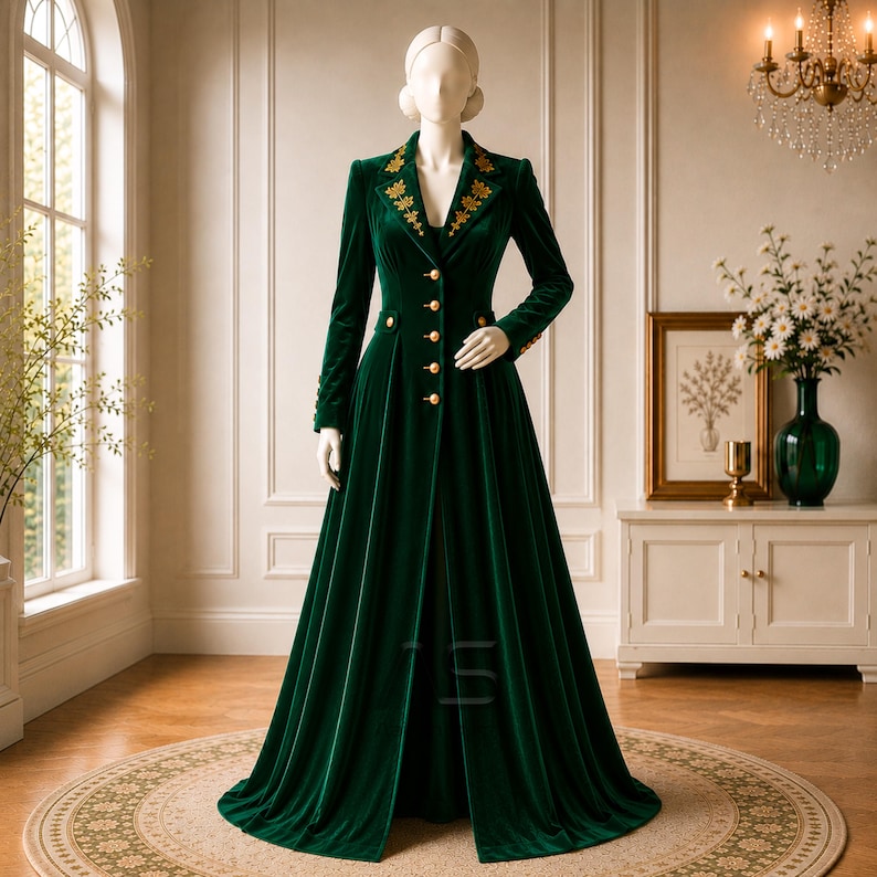 Women's Victorian Coat Dress, Gothic Aristocrat Costume, Emerald Green Velvet with Gold Embroidery for Cosplay & Historical Events
