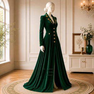 Women's Victorian Coat Dress, Gothic Aristocrat Costume, Emerald Green Velvet with Gold Embroidery for Cosplay & Historical Events