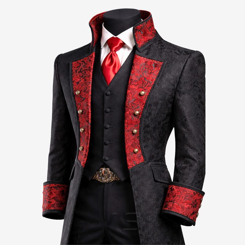 Men’s Gothic Victorian Jacquard Brocade Coat, Dracula Vampire Cosplay Tailcoat, Gothic Wedding Coat, Halloween Costume Jacket