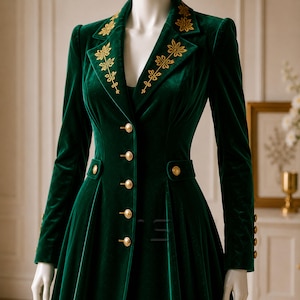 Women's Victorian Coat Dress, Gothic Aristocrat Costume, Emerald Green Velvet with Gold Embroidery for Cosplay & Historical Events