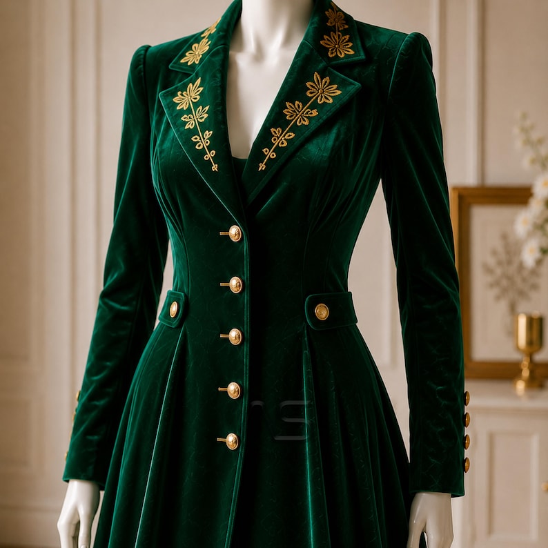 Women's Victorian Coat Dress, Gothic Aristocrat Costume, Emerald Green Velvet with Gold Embroidery for Cosplay & Historical Events