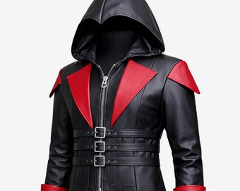 Men’s Gothic Hooded Leather Trench Coat Vampire Assassin Cosplay Jacket Cyberpunk Steampunk Long Coat