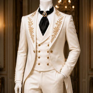 May include: Cream-coloured formal suit with gold floral embroidery on the lapels. The suit features a waistcoat with gold buttons, a black cravat, and a white dress shirt. The jacket has a long, tailored cut. The suit is displayed on a mannequin.