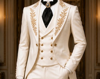 Victorian Tailcoat Wedding Suit for Groom – Ivory Regency Coat with Gold Embroidery