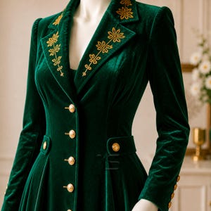 Women's Victorian Coat Dress, Gothic Aristocrat Costume, Emerald Green Velvet with Gold Embroidery for Cosplay & Historical Events