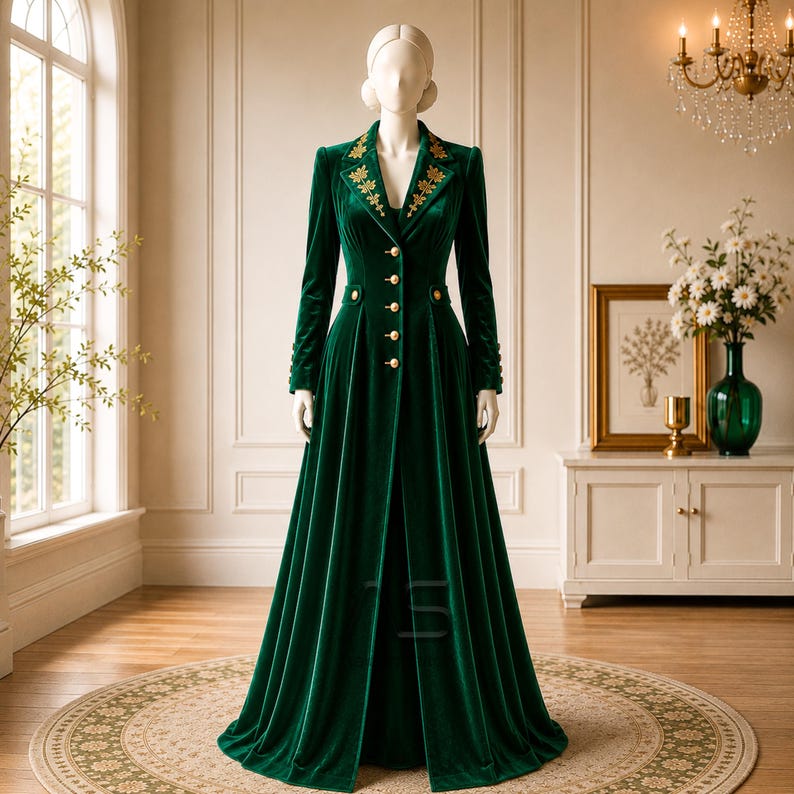 Women's Victorian Coat Dress, Gothic Aristocrat Costume, Emerald Green Velvet with Gold Embroidery for Cosplay & Historical Events