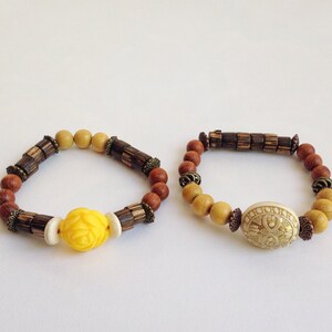 Boho Wood Bead Bracelet: Chunky Stacking Bracelet with Yellow Rose
