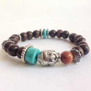 Boho Wood Bead Bracelet: Silver Buddha, Goldstone & Turquoise