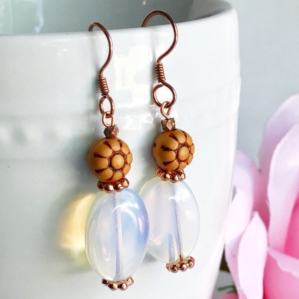 bead earrings, opalite gemstone jewelry, bohemian earrings, boho chic, dangle earrings, fancy earrings, pretty and sweet Gift for her