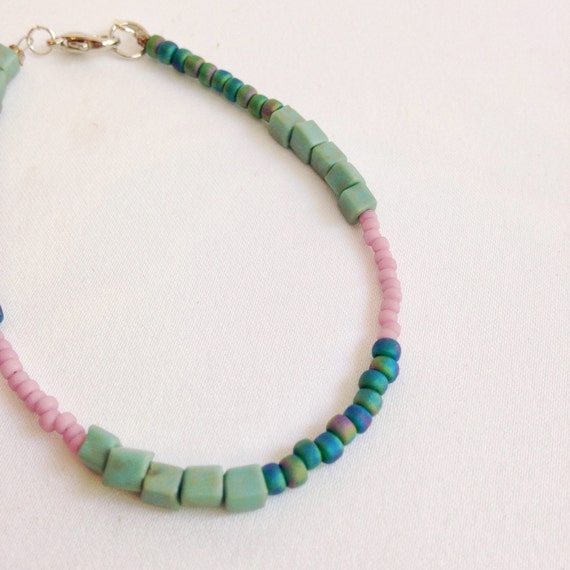 Items similar to Beaded bracelet, pretty glass beads, purple, blue ...