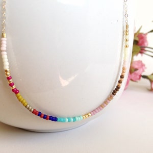 Rainbow Seed Bead Necklace: Thin Boho Layering Necklace
