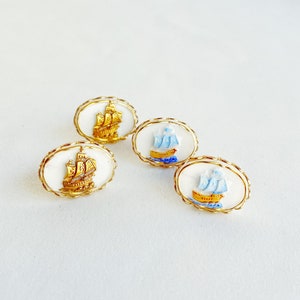 Ship cameo earrings, vintage milk glass, sailing nautical earrings, unique jewelry, modern earrings, boho chic, bohemian style gold and blue