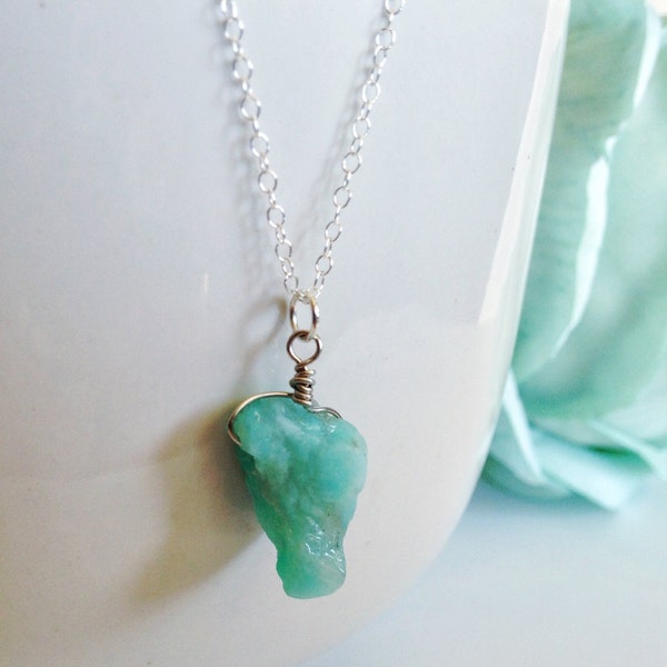 Collier Amazonite, collier de pierres précieuses brutes, collier simple et moderne, collier de pierre turquoise, fil enveloppé druzy drusy Cadeau pour elle