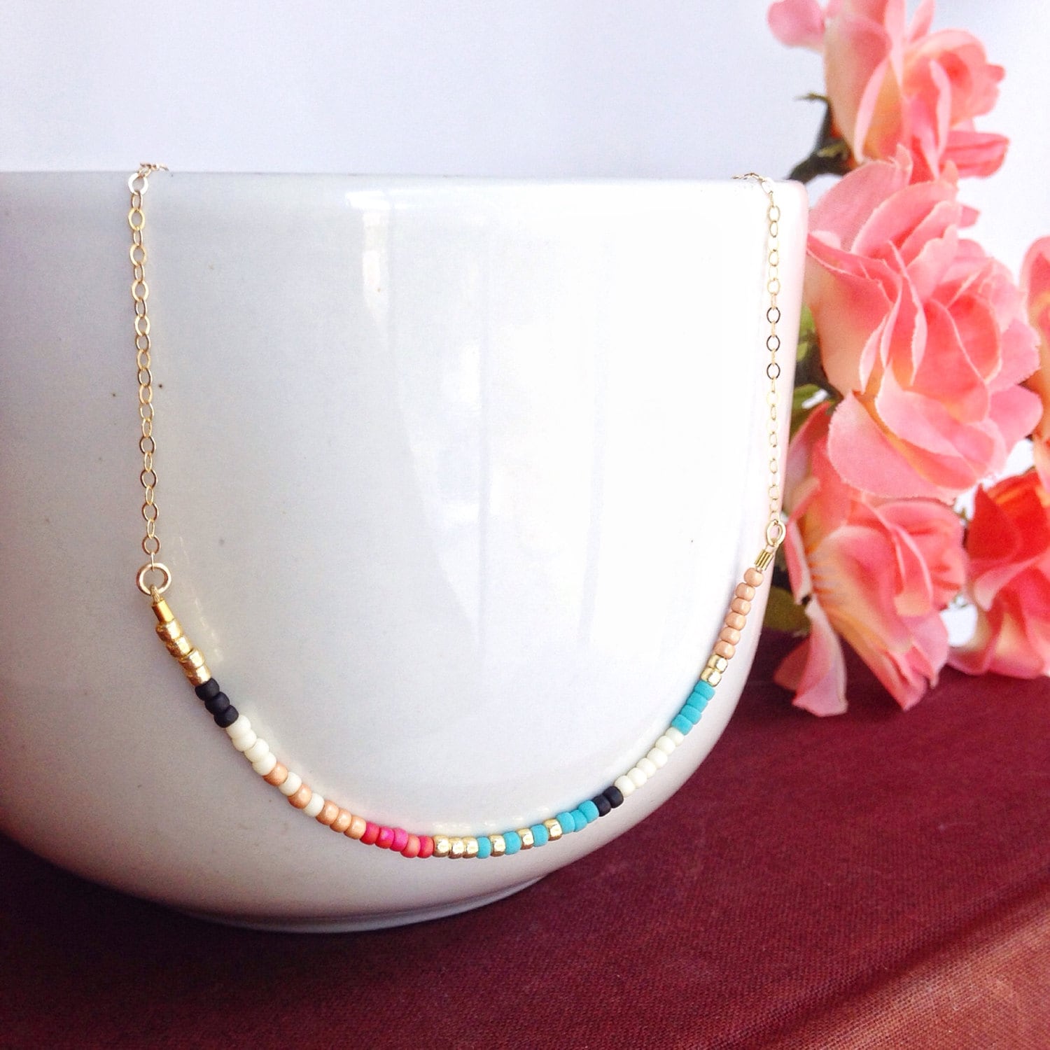 Extra Thin Bead Necklace, Tiny Beads, Colorful Short Necklace, Simple