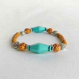 Wooden bohemian bracelet, blue and silver, layering bracelet, large bead bracelet, boho bead bracelet, chunky bracelet, turquoise