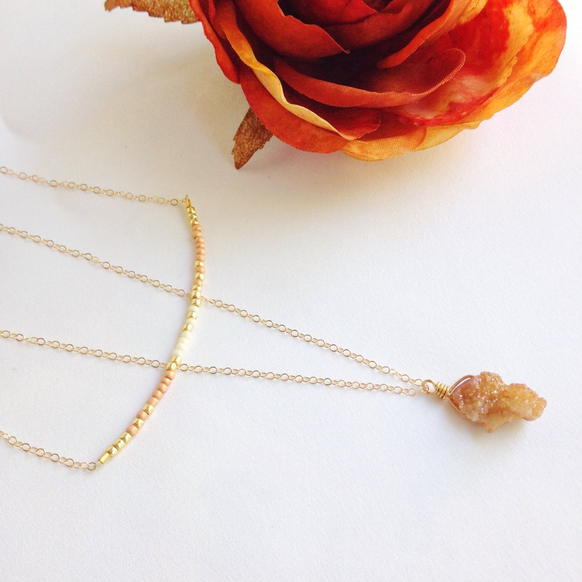 Double layer necklace raw gemstone necklace thin beaded Etsy