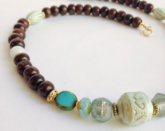 Chunky Wood Bead Necklace: Boho Gemstone Statement Jewelry