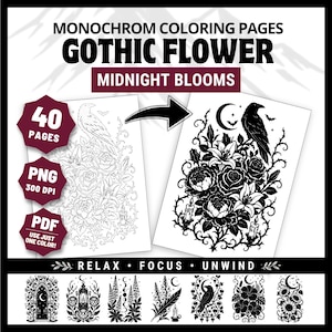 以下が含まれることがあります： 「Gothic Flower Midnight Blooms」と題された40ページのモノクロ塗り絵のデジタルコレクション。カラス、三日月、棘のある蔓、ユリ、バラの白黒イラストが収録されたPNGおよびPDFファイルが含まれています。
