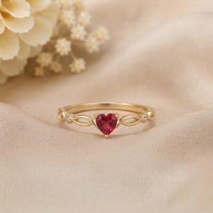 Gold Plated Ruby Ring, Heart Shape Ruby Ring, Red Ruby Ring for Women, Dainty Gold Ring, Romantic Promise Ring, Elegant Gift for Her