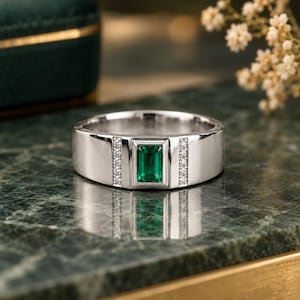 Bague en argent et moissanite émeraude, bague homme émeraude, bague en argent sterling avec pierre précieuse, bague rectangulaire émeraude, bague tendance moderne