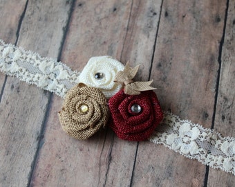 Fall Headband Burlap Rosettes Christmas Headband Rosette Headband Red Ivory Brown