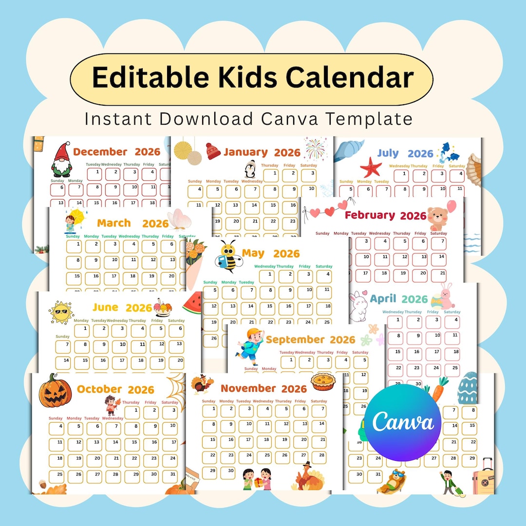 Editable Kids Calendar 2026 | Cute Monthly Planner for Kids | Canva ...
