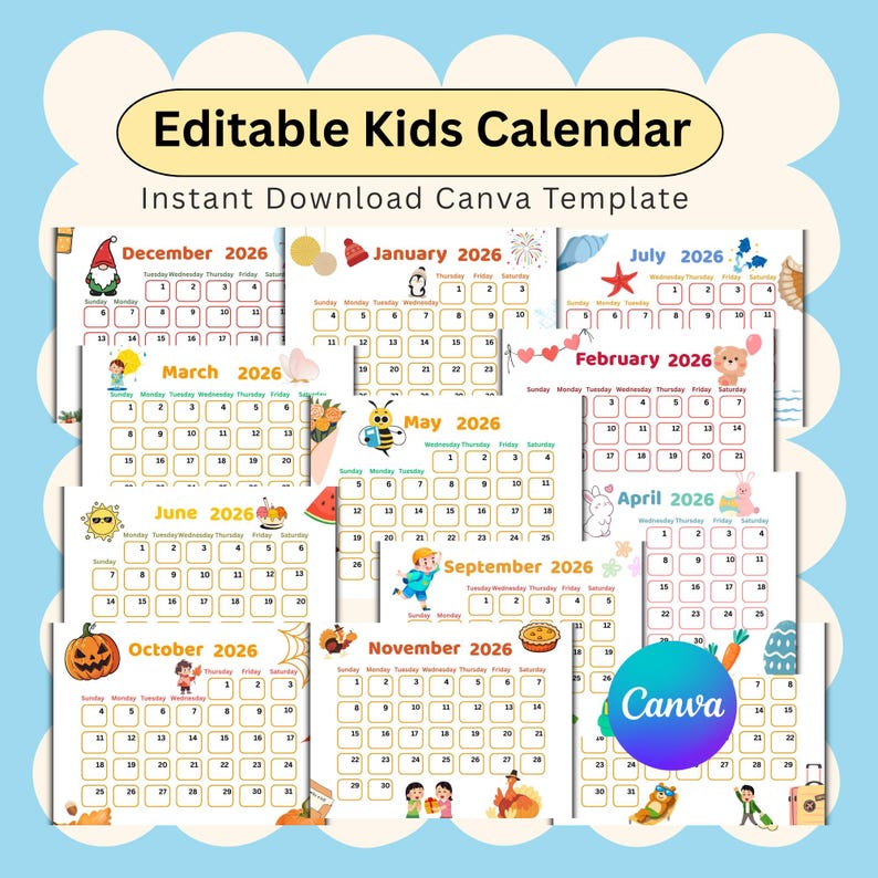 Editable Kids Calendar 2026 | Cute Monthly Planner for Kids | Canva ...