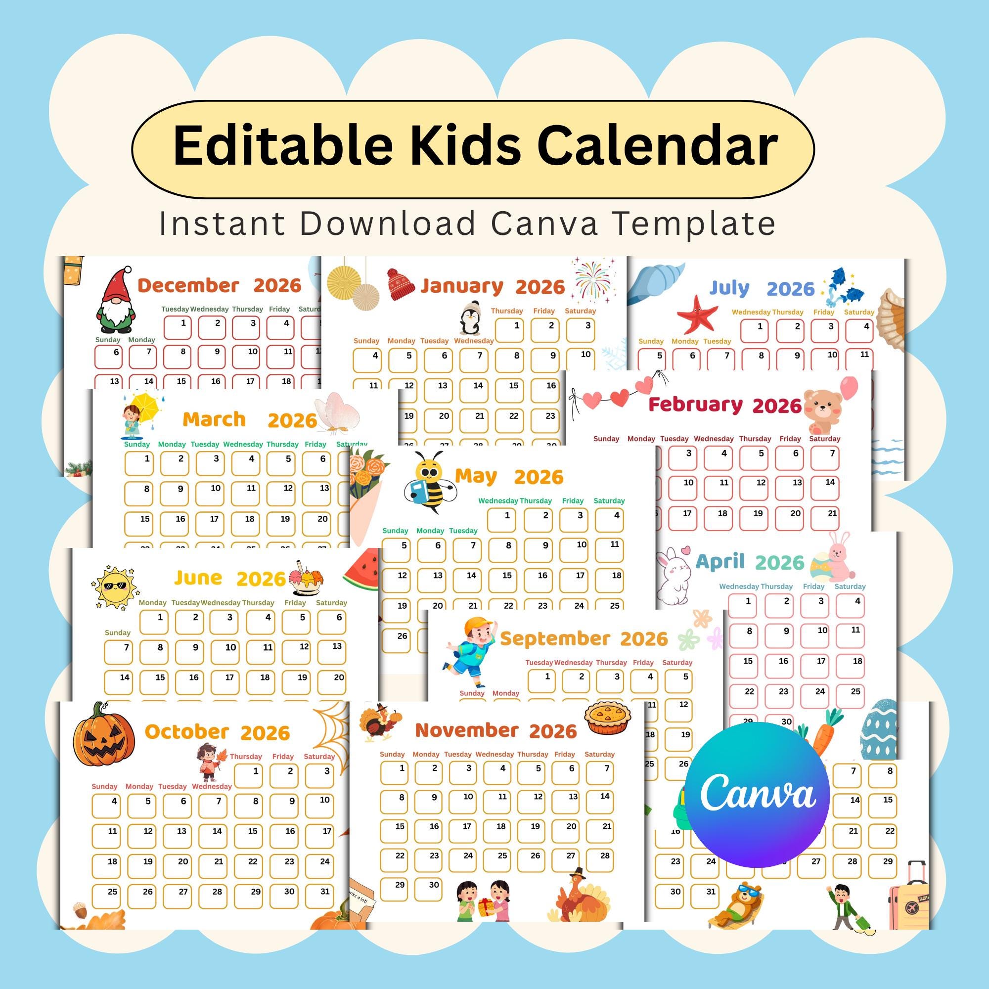 Editable Kids Calendar 2026 | Cute Monthly Planner for Kids | Canva ...