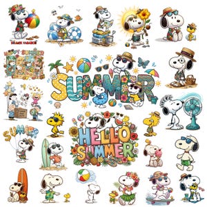 Può includere: Una collezione di illustrazioni di Snoopy e Woodstock a tema estivo. I personaggi indossano occhiali da sole, cappelli e camicie tropicali, impegnati in attività come il surf, il nuoto e il relax con palloni da spiaggia e tavole da surf.