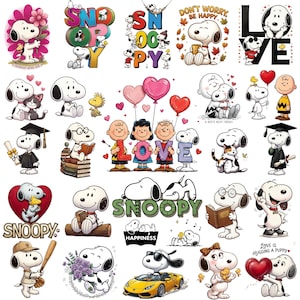 Puede incluir: Una colección de ilustraciones temáticas de Snoopy. Las imágenes presentan a Snoopy en varias poses, con textos como "Snoopy", "Love" y "Don't Worry, Be Happy". Las ilustraciones incluyen a Snoopy con amigos, corazones y otros elementos decorativos.