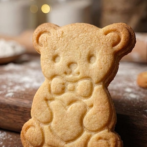 May include: A golden-brown teddy bear-shaped cookie with embossed details, including a bow tie and heart. The cookie is on a wooden surface, suggesting a homemade treat. The image evokes a sense of warmth and nostalgia, perfect for a bakery or dessert shop.
