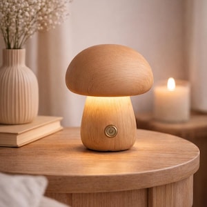 Puede incluir: Una lámpara de mesa de madera con forma de hongo, que emite un brillo cálido. La lámpara tiene una tapa redondeada y una base texturizada, con un botón de encendido. Está sobre una mesa de madera, con un jarrón de flores y una vela en el fondo.