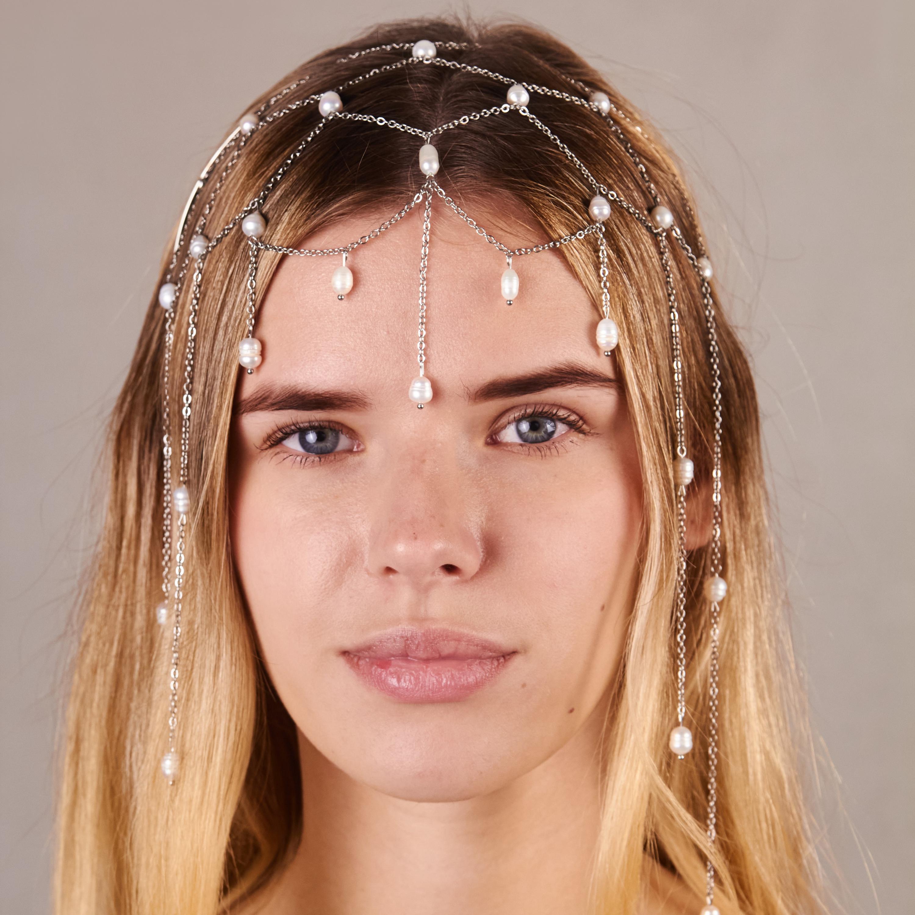 Veil Headpiece With Freshwater Pearls, Delicate Chain Weave Hair