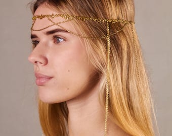 Gold Star Head Chain, Celestial Bridal Headpiece, Boho Festival Hair Jewelry, Dainty Silver Head Chain with Pearl Drop