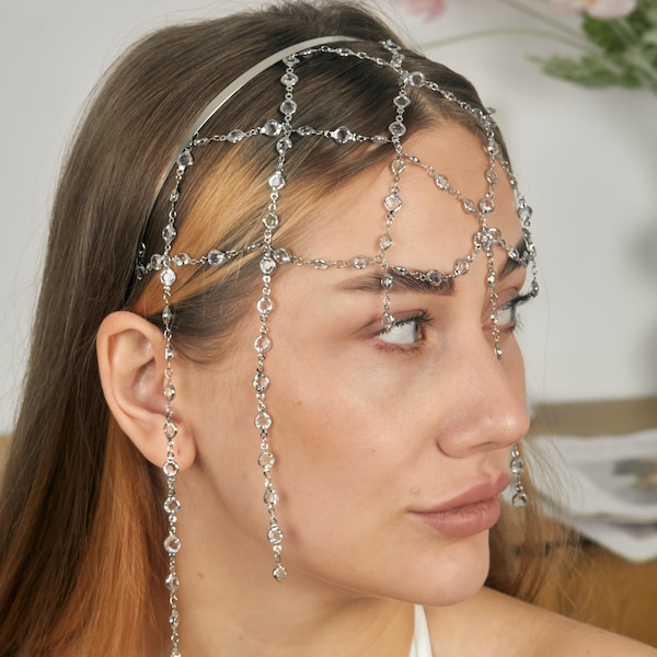 Crystal Head Chain, Bridal Forehead Tiara, Elven Circlet, Layered Wedding Headpiece, Fairy Queen Jewelry, Festival Accessory