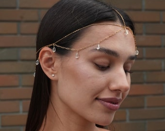 Crystal Hair Chain, Fairycore Forehead Jewelry, Delicate Draped Headpiece for Women, Festival Head Jewelry, Renaissance Circlet