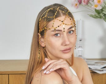Modern Bridal Face Framing Jewelry, Short Veil Alternative on Hoop, Rhombus Link Headpiece, Minimalist Wedding Halo, Unique Ceremony Look