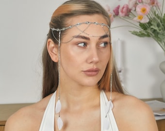 Silver Head Chain with Pearl Drops, Stainless Steel Boho Headpiece, Bridal Forehead Jewelry, Wedding Hair Accessory, Elven Hair Chain Gift