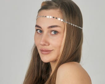 Boho Head Chain with Diamonds, Rhombus Festival Headpiece, Dainty Forehead Jewelry, Minimalist Face Framing Chain, Modern Hippie Accessory