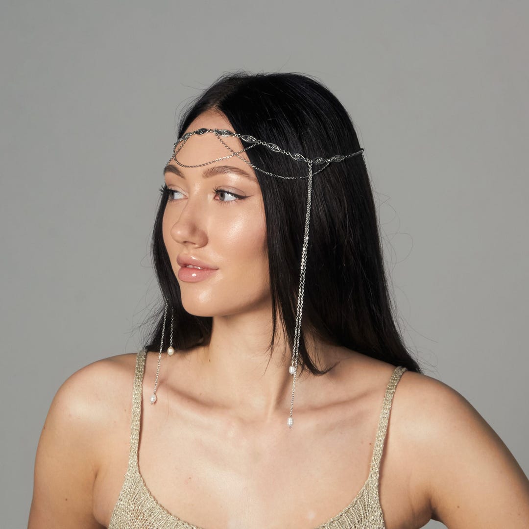 Silver Chain Fringe Headpiece - Elegant Festival Hair Jewelry Rhinestone Head Chain, Tassel Bridal Headband, Forehead  main image 4