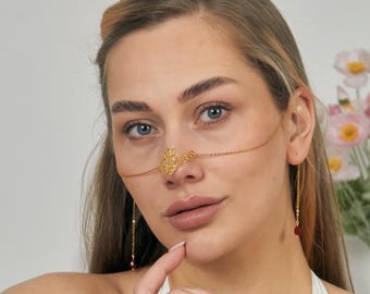 Gold Nose Chain to Ear, Nose Cuff with Chain, Non Pierced Face Jewelry, Dainty Nose to Ear Drape, Festival Statement Accessory, Boho Jewelry